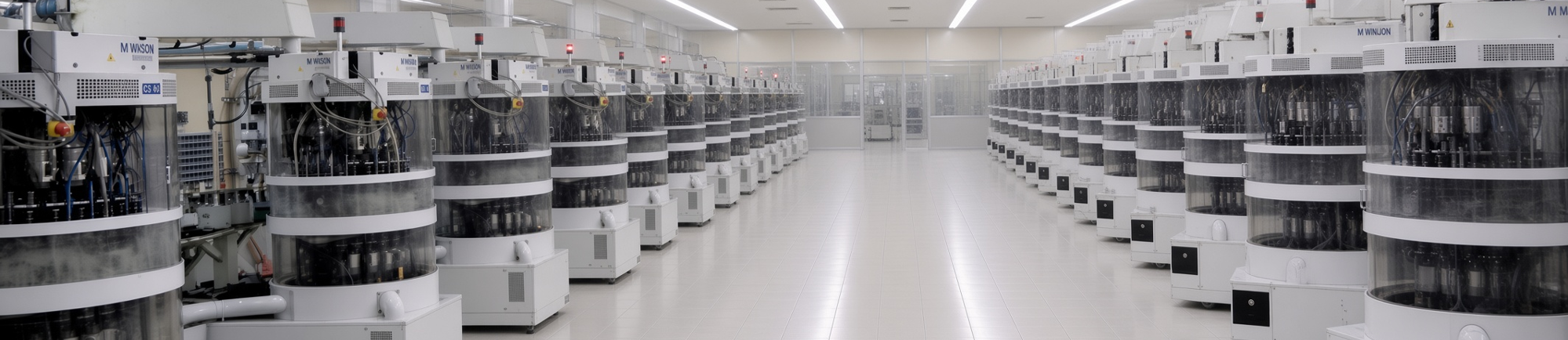 Rows of Swiss rotary transfer machines on the Essem production floor