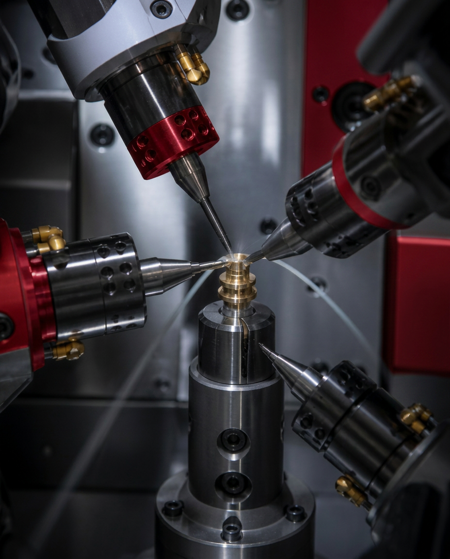 Swiss rotary transfer machine spindles machining a precision metal component under coolant